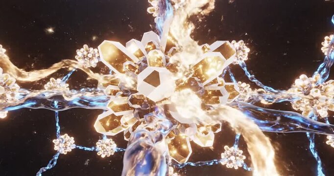 Intricate glowing crystal formations interconnected by luminous strands in a cosmic setting