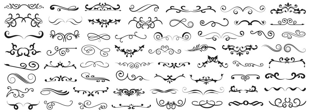 Decorative ornamental divider collection in black. Set of vintage, flourish, swirl, ornament, frame, line and decorative elements