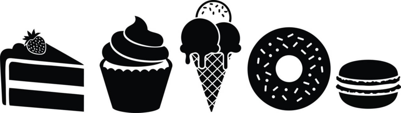 Black silhouette of a slice of cake a cupcake an ice cream cone a donut and a macaron cake slice cupcake ice cream cone donut macaron sweet food dessert black white silhouette simple