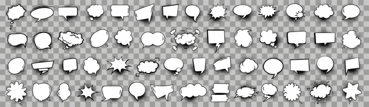 Comic, speech and bubble icon collection in black. Set of comic bubbles, speech clouds, explosion shapes, dialog boxes