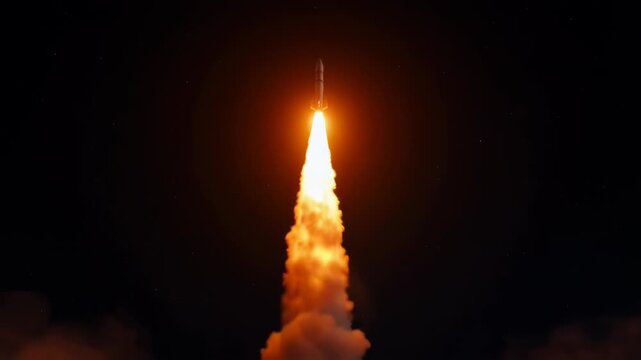 Nighttime rocket launch shoots blazing plume into the dark sky.