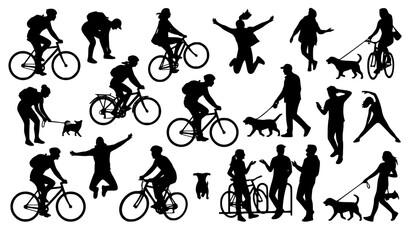 Naklejka premium Collection of active people silhouettes, featuring cycling, jumping, and outdoor lifestyle activities.
