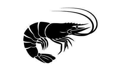 Detailed black silhouette of a shrimp or prawn, seafood restaurant logo. © Songkari