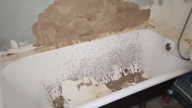 Old bathroom during renovation, bathtub filled with fallen plaster, sand, dirt and wall debris