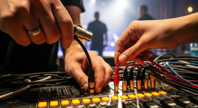 Hands connecting audio cables to a sound mixing console during a live event.