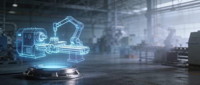 A futuristic robotic arm emerges from a glowing platform in a spacious industrial technology scene with machinery and equipment surrounding it.
