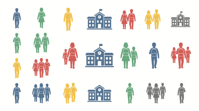 Back to School Icon Pack with Students and School Buildings