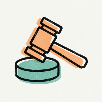 A gavel on a circular base symbolizes justice and authority in a simple art style centered on politics and society.