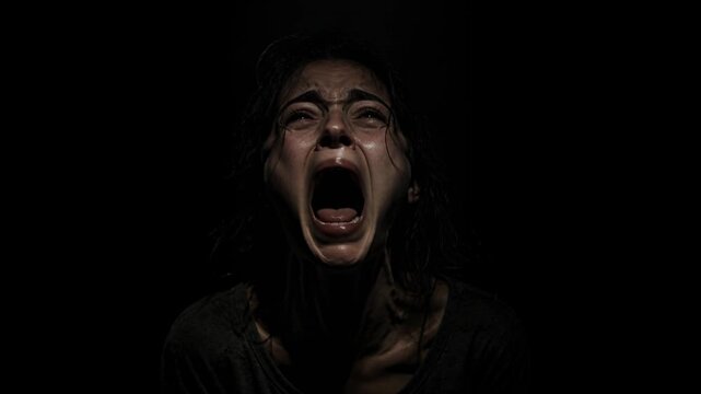 woman screaming in darkness with terrified expression showing extreme fear and panic, horror emotion, psychological nightmare, halloween concept.