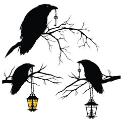 Obraz premium mystic raven bird on bare tree branch holding skeleton key and chain hanging antique style lamp - halloween magic animal vector design set