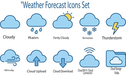 Obraz premium Diverse set of weather and digital cloud computing icons featuring rain sun snow lightning wind upload download signal and storage folder symbols designed in a simple flat vector style for web interfa