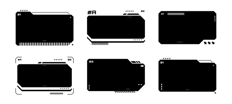 Hud text box frame vector elements for futuristic user interface design. Set of digital display panels with technical markings for sci-fi infographics and computer data screen overlays.