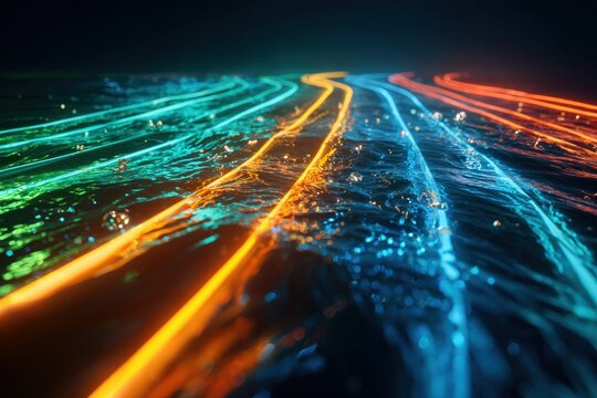 Glowing green orange blue light streaks on water surface