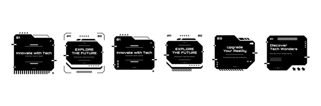 Set of hud text box frame elements for digital interface. Futuristic vector ui components with modern tech design for software, game application, data visualization and dashboard.