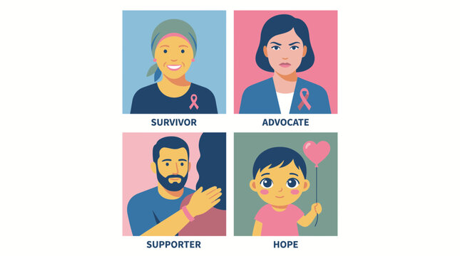Cancer Awareness Illustrations: Survivor, Advocate, Supporter, and Hope
