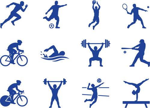 Sports Icons, Fitness Symbols, Athletic Logos, Blue Vector Graphics