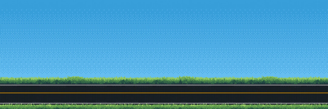 Pixel art road with grass border and blue sky background. Retro 8-bit style landscape for side scrolling game development. Digital graphic scene for videogame level design concept.