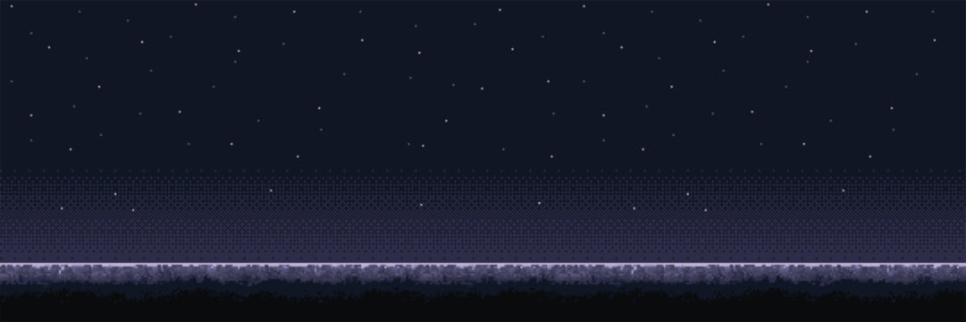 Pixel art starry night landscape background. Retro video game scenery with glowing stars in dark sky over silhouettes of hills. Digital asset for game design and creative project.