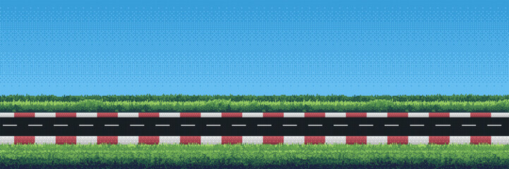 Naklejka premium Pixel art road with grass and blue sky background. Retro game design element with asphalt racing track. Horizontal landscape layout for video game environment and virtual racing display.