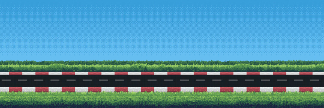 Pixel art road with grass and blue sky background. Retro game design element with asphalt racing track. Horizontal landscape layout for video game environment and virtual racing display.