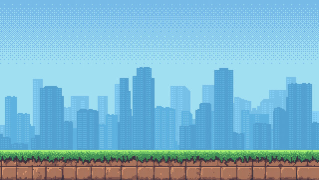 Pixel art city background for video game. Urban landscape with blue skyscrapers and ground level with grass and dirt blocks. Digital asset for 2D side scrolling platformer adventure.