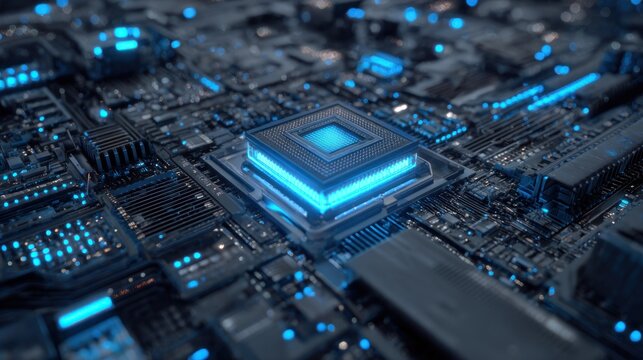 Close up of a central processing unit with blue glowing elements