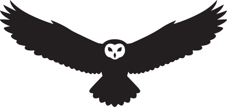 Owl silhouette, black bird icon, flying owl graphic, white background