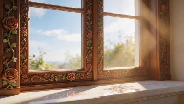 Wooden window with floral carvings and outdoor view