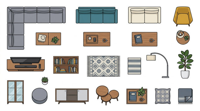 Top Down View of Modern Living Room Furniture and Decor Elements.