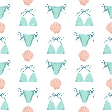 Seamless pattern with swimsuit and seashells. Summer background with bikini for beach sea design. Flat vector illustration.