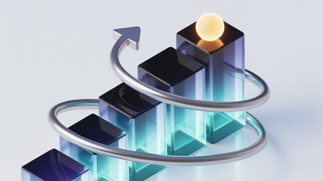 3D rendering of a gold trophy cup on a series of ascending black cubes