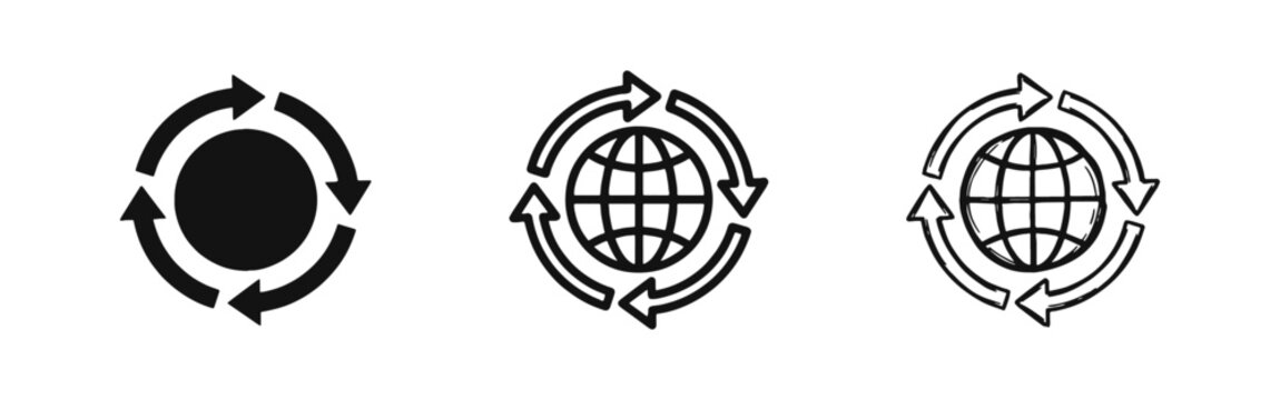 Global Connection and Circulation Icon Set with Earth and Circular Arrows
