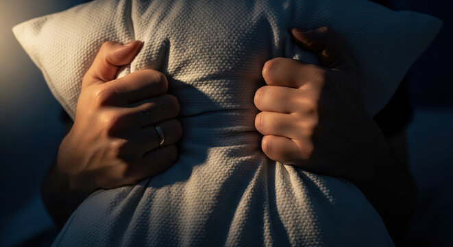 Hands gripping a pillow tightly in a moment of distress and anxiety.