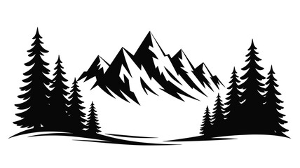 Fototapeta premium Majestic Mountain River Landscape Vector – Peak Behind Evergreen Trees Silhouette, Nature Scene Illustration