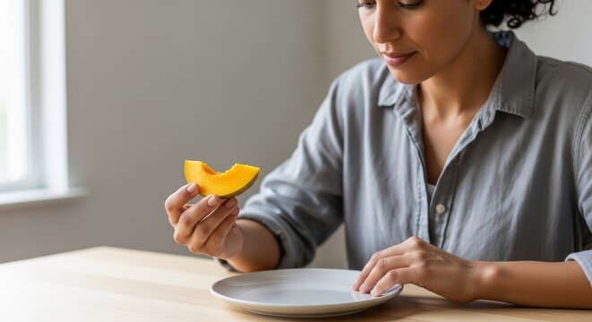Woman savors a slice of melon while eating mindfully