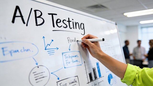 A person draws A/B testing strategy on whiteboard with marker in office