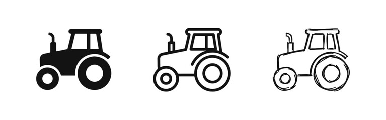 Farm Tractor Icons - Agriculture and Farming Equipment Symbols in Solid, Outline, and Hand-Drawn Styles © drawing lines