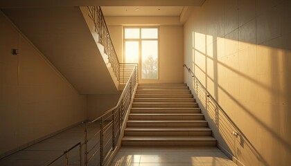 Fototapeta premium A serene staircase with warm sunlight streaming through a large window at the top, casting shadows on the walls and railings in a modern building interior