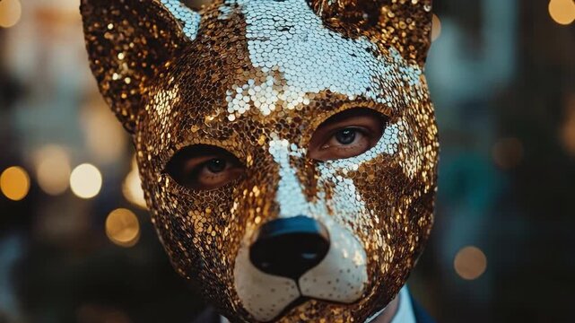 Man in glittering gold dog mask at nighttime event