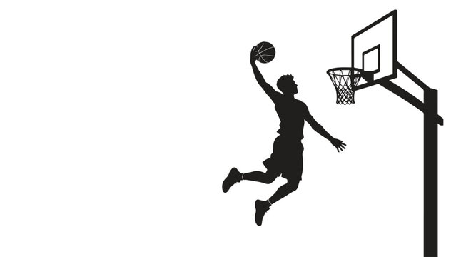 Silhouette of basketball player slam dunking, perfect for sports and fitness designs, posters, websites, and basketballthemed content.
