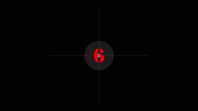 Retro Style 10 Second Countdown Timer with Red Serif Numbers.Vintage Analog Clock Animation with Radial Wipe and Crosshair Grid.Futuristic Red Numerical Timer on Black Background with Progress Bar.