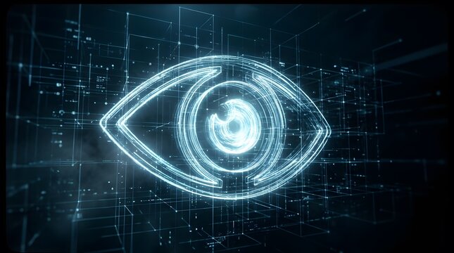 Glowing blue cyber eye symbolizing digital surveillance and security