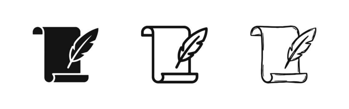 Old Paper Scroll and Feather Quill Pen Icon Set - Glyph, Outline, and Hand Drawn Styles