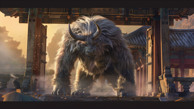 Majestic Korean guardian creature Haechi standing in front of a traditional palace gate at sunset