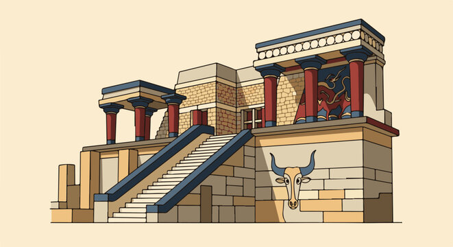Stylized illustration of an ancient palace with bull motif and grand staircase
