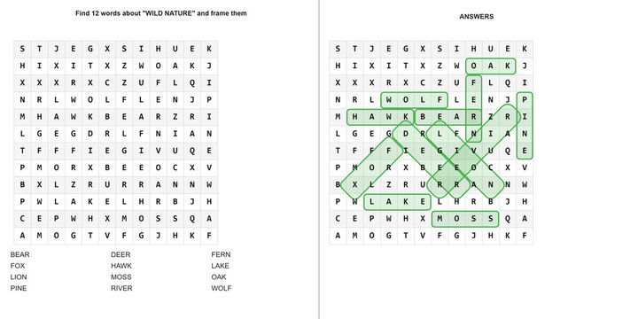 Wild nature theme word search puzzle with answers. A side-by-side comparison of the unsolved and solved game grid. Educational activity and brain-teaser concept