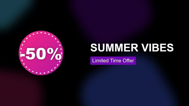 Summer vibes promotional graphic with discount offer on black background  