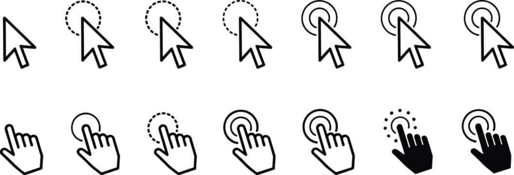 Cursor icons and hand pointer icons for clicking mouse pointer