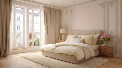 Fototapeta premium Luxurious classic bedroom interior design in soft pastel tones featuring a large comfortable bed, ornate wall moldings, elegant curtains, and a beautiful bouquet of pink tulips on the nightstand.
