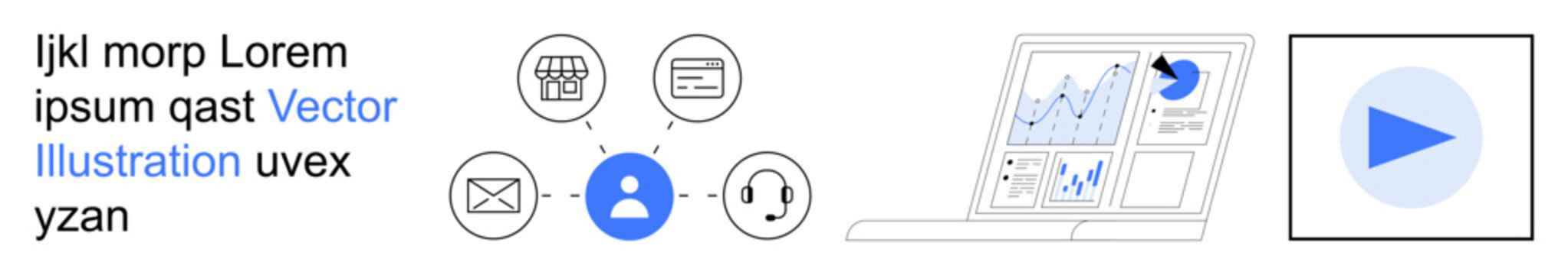 Data visualization, analytics, network connections, technology tools, business processes, information sharing. User profile linked to icons and analytics screen. Data visualization and analytics